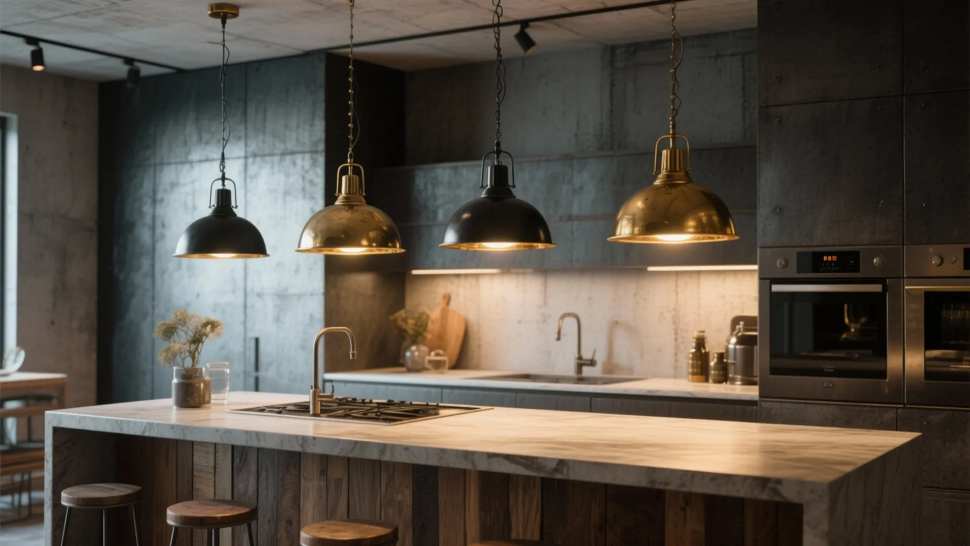 Modern dark kitchen with marble island four hanging ceiling lights and wood stools in background