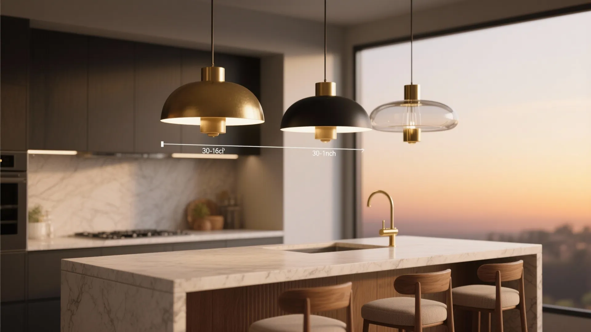 Kitchen island with three statement pendants at staggered heights, illustrating 30–36 inch clearance and varied finishes.