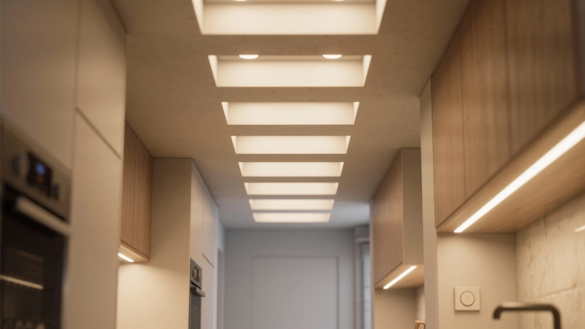 Kitchen ceiling with recessed square light fixtures wood cabinets and warm under cabinet strip lighting effect