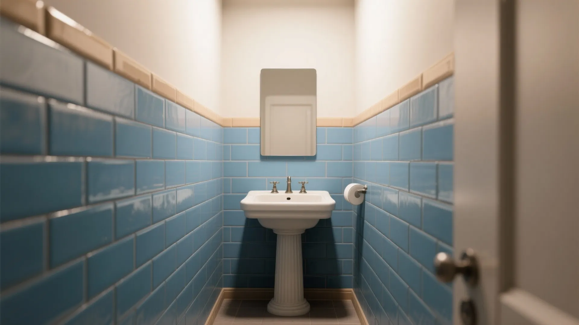 Narrow bathroom with mid-blue staggered subway tiles and warm grout widening the space