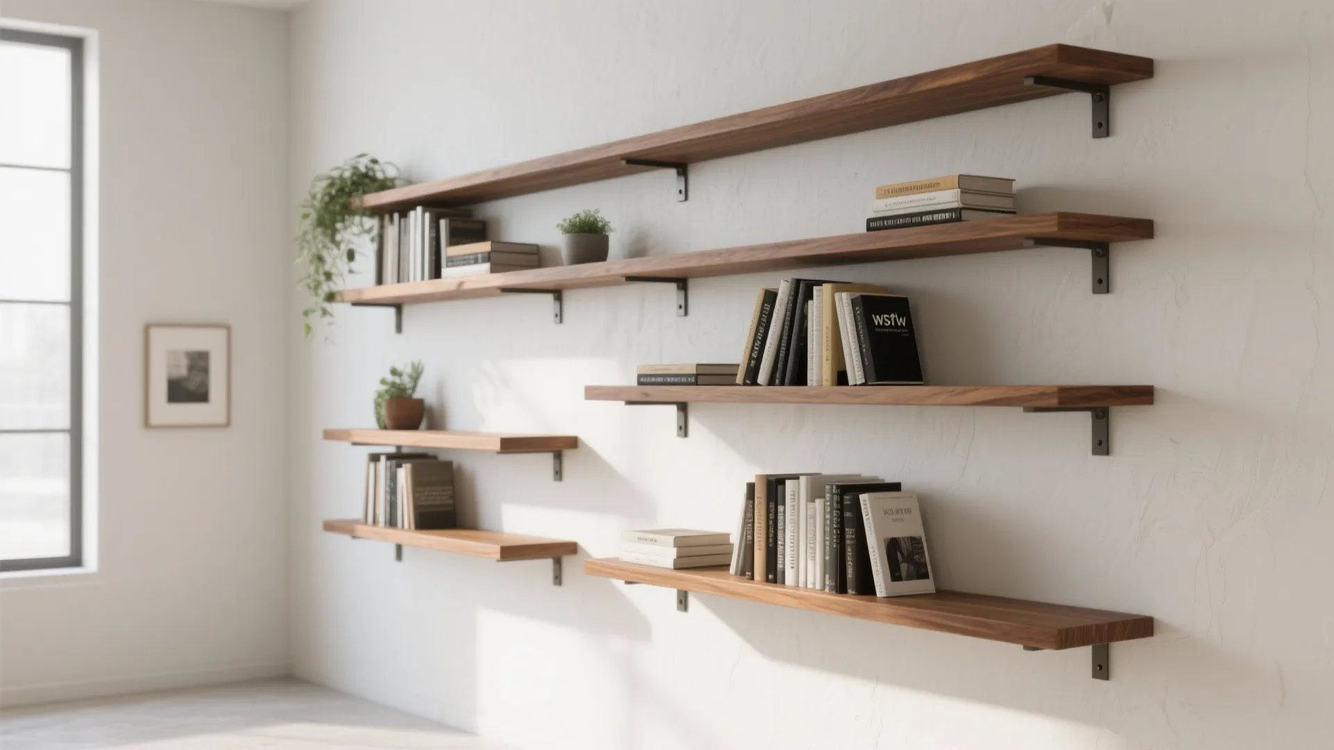Modern white wall with staggered wooden floating shelves holding various books and small green plants