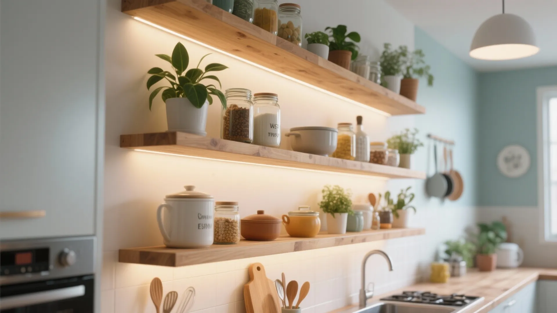 Light wood open shelves with integrated LED lighting holding jars and plants in cozy kitchen