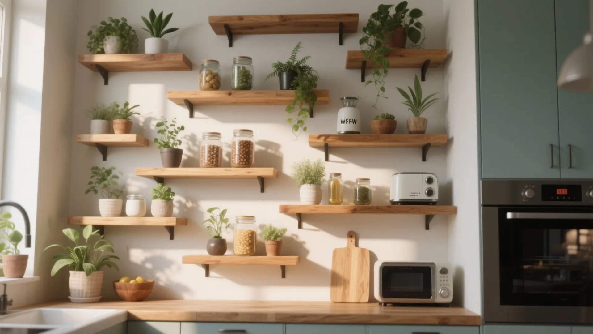 Wooden floating shelves on white wall with green plants and glass jars above kitchen counter
