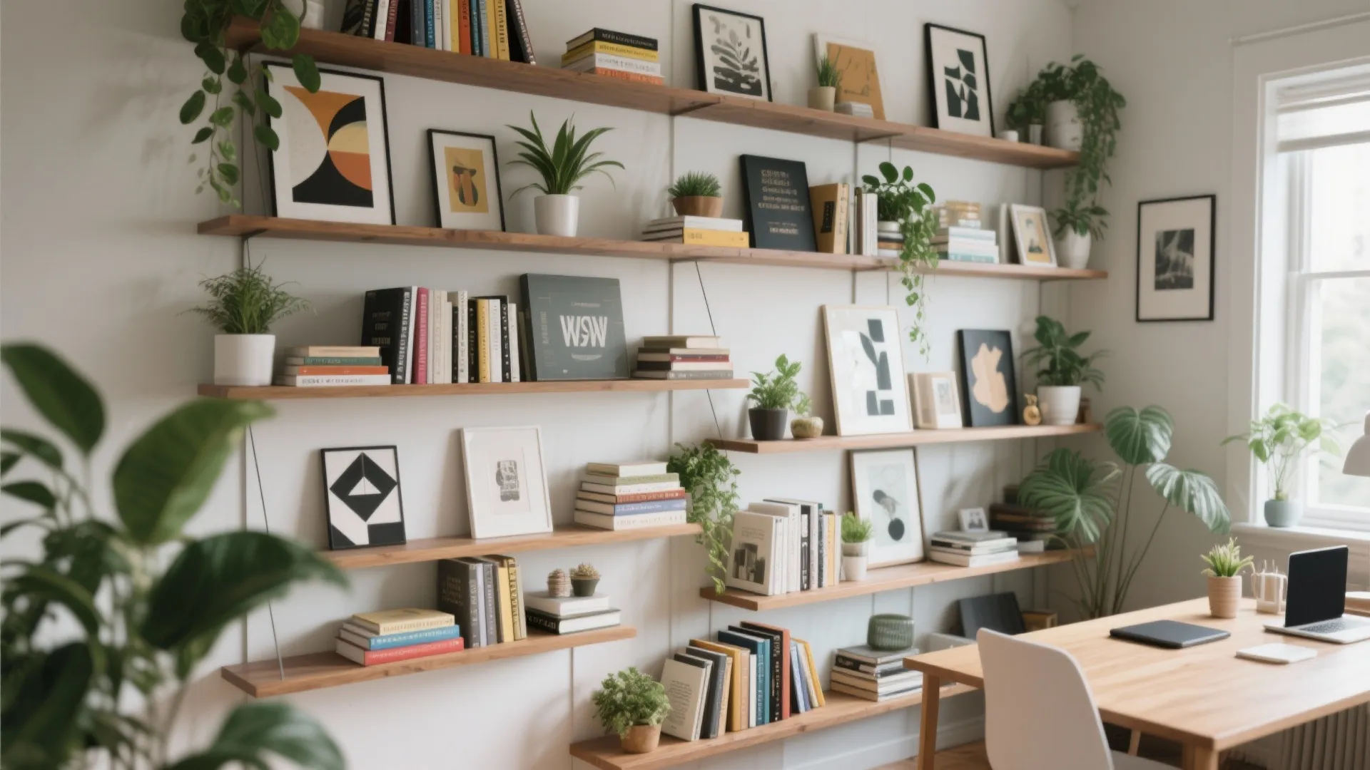 Wooden wall shelves holding many books and green plants above a light wood work table