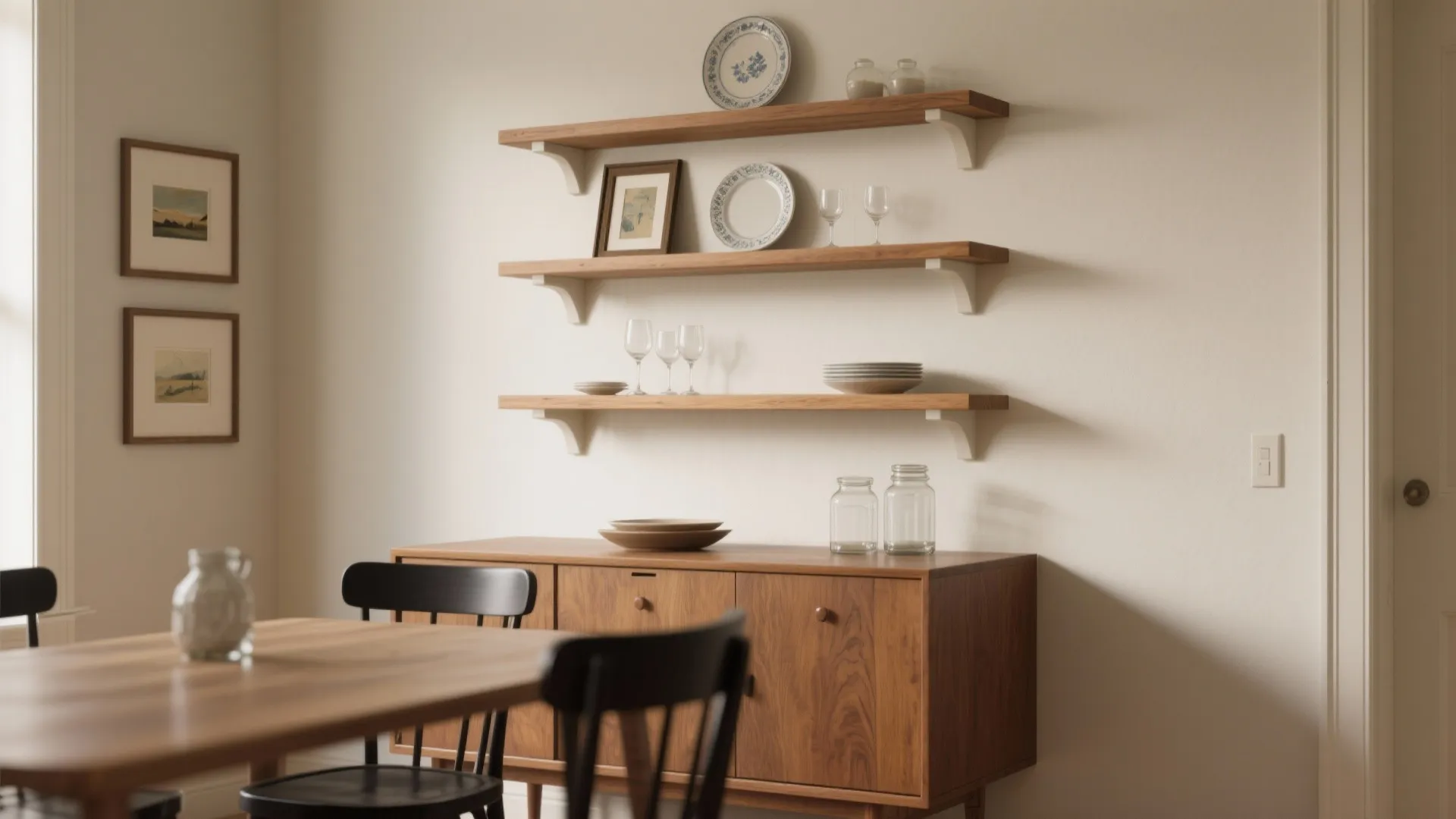 1) Staggered, layered shelves for a gallery-meets-pantry look