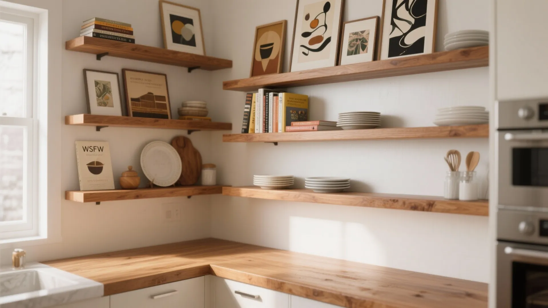 1. Staggered Floating Shelves for Dynamic Display