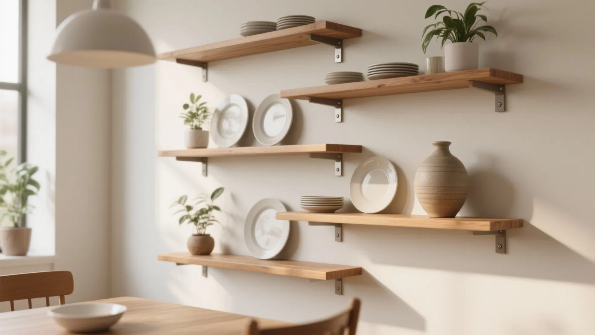 1. Staggered floating shelves for rhythm and display