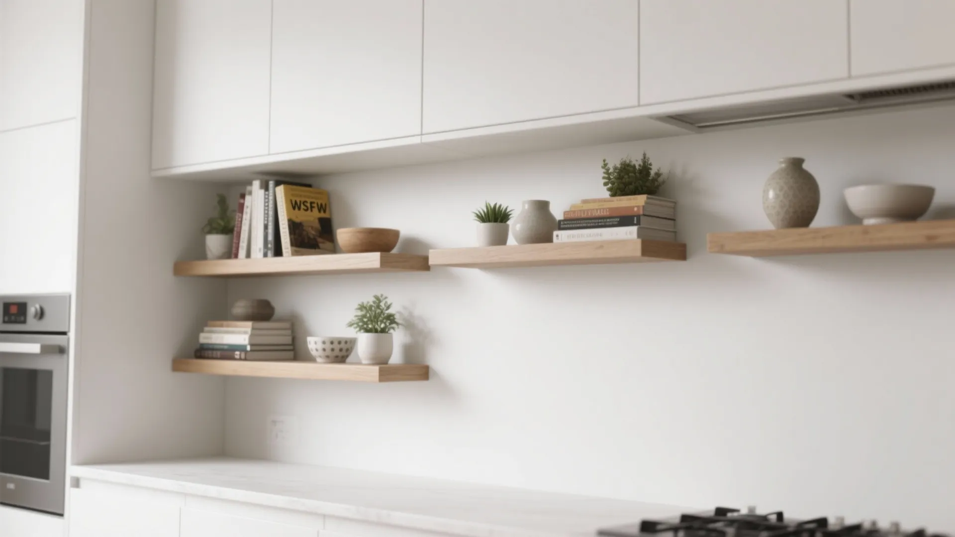 All-white kitchen wall with staggered floating shelves styled with books and plants
