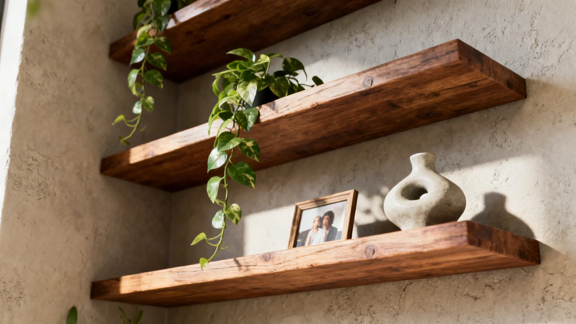 1. Floating shelves with staggered plants