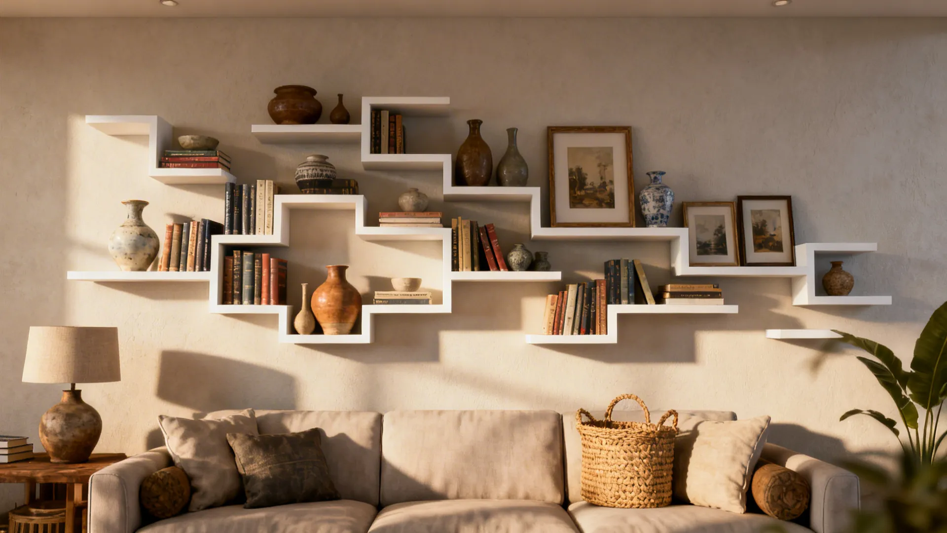 Unique white staggered wall shelves filled with books and pots above a light brown sofa