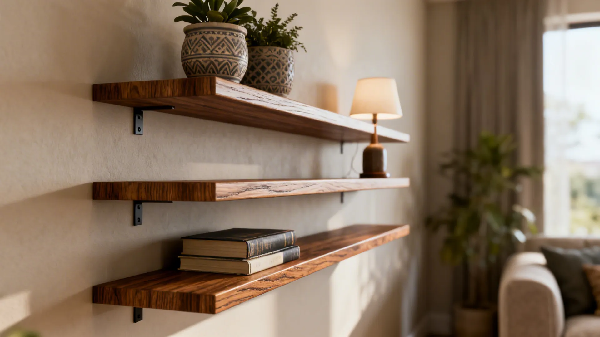 Three staggered floating shelves with plants, lamp, and books in a corner