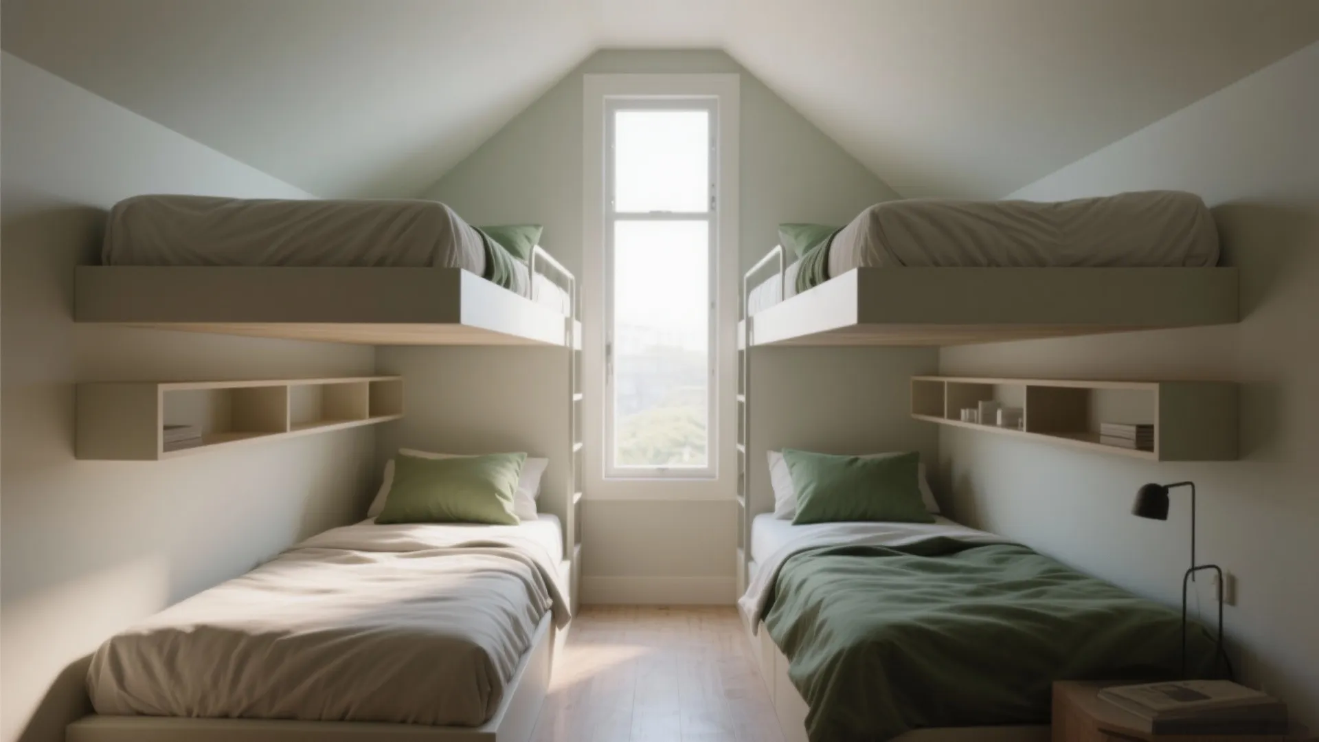 Symmetrical attic bedroom featuring four bunk beds with green pillows and a central tall window