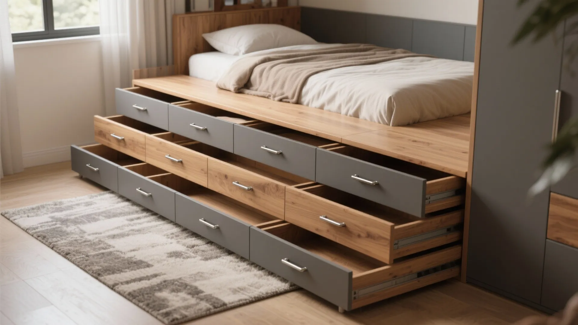 4. Sleep platform with staggered steps and storage drawers