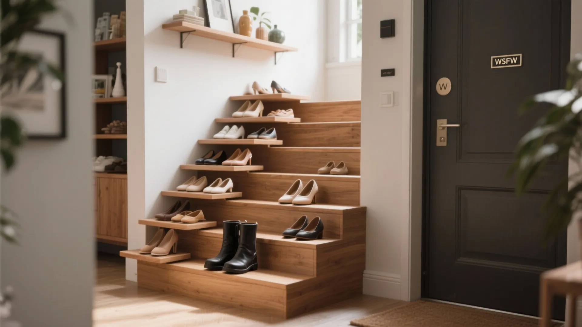 4. Staggered stepped shelving (like mini stairs)
