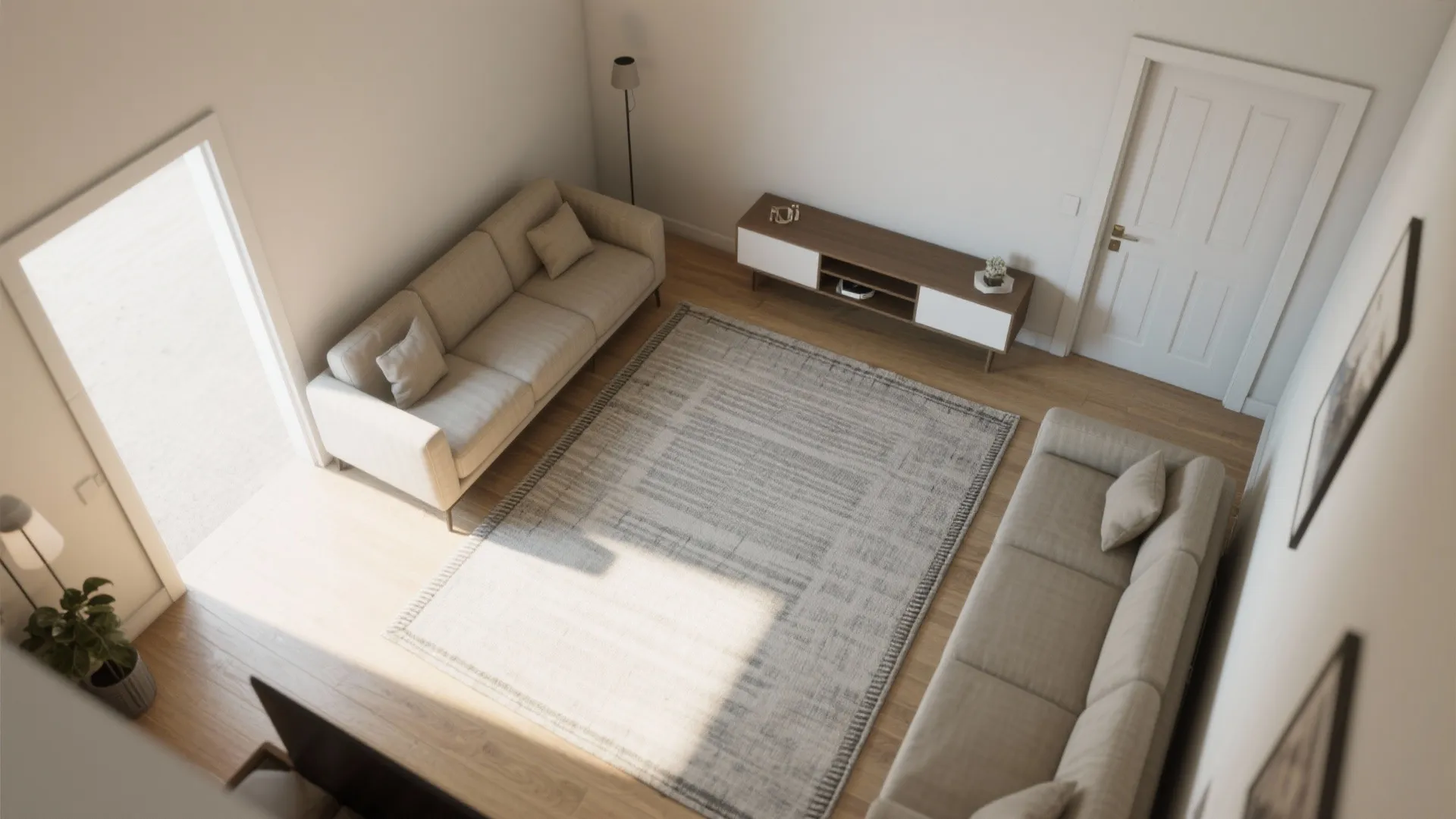 Top-down view showing staggered loveseats and clear 30-inch pathways.