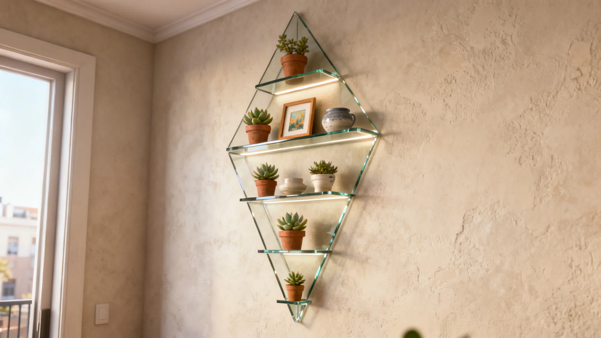 Staggered triangular glass corner shelves with plants and small ceramics forming a vertical display.