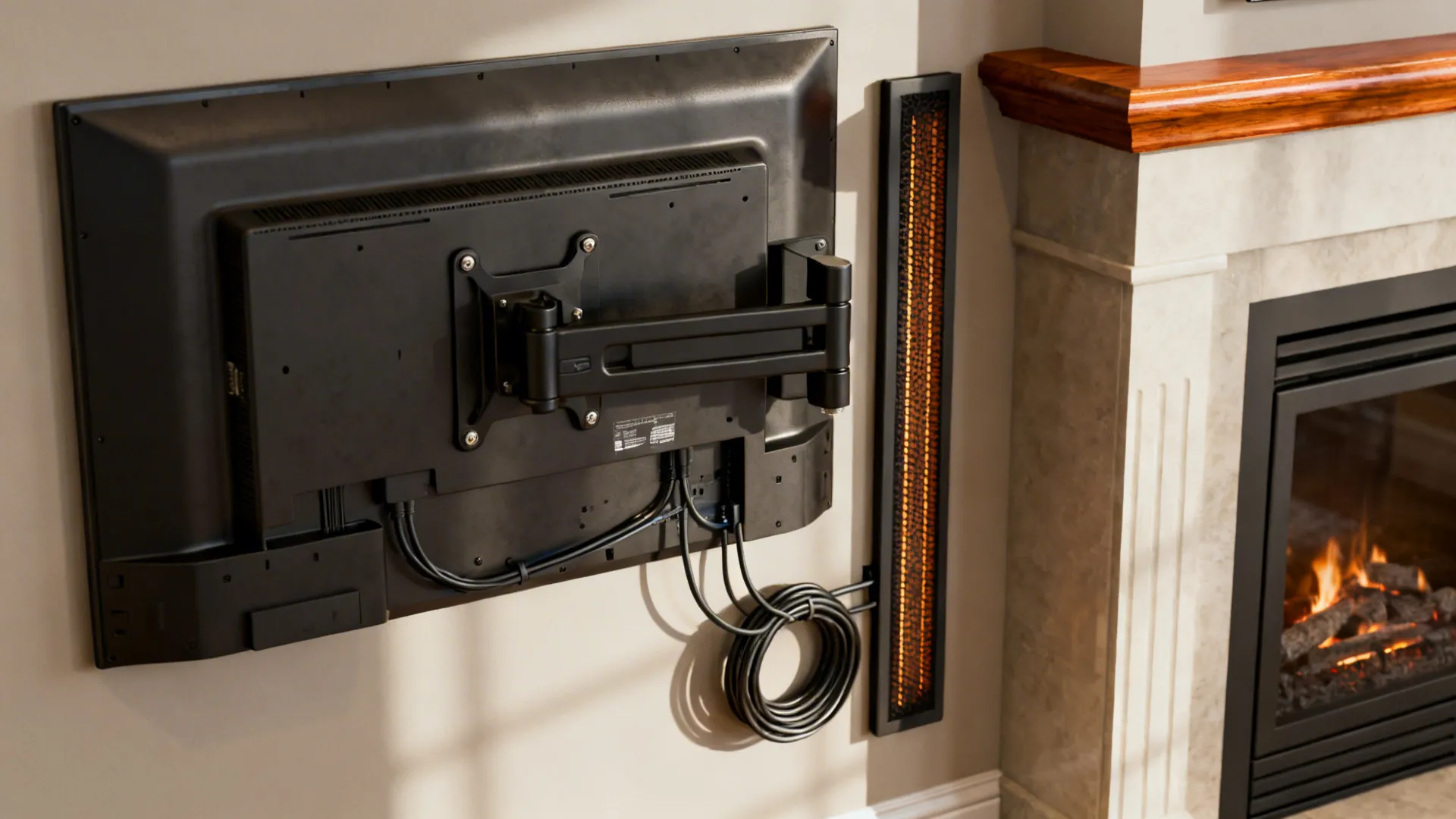 Back view of television on wall mount with black cables near a fireplace with burning wood