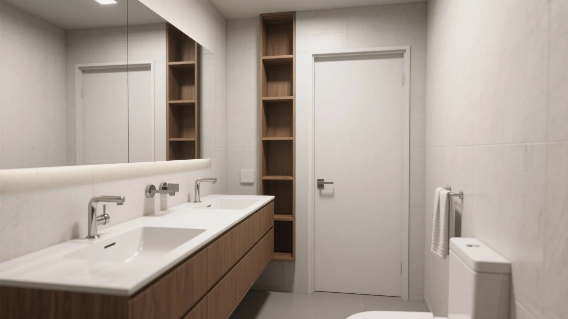 Staggered or offset vanities for circulation-friendly layouts