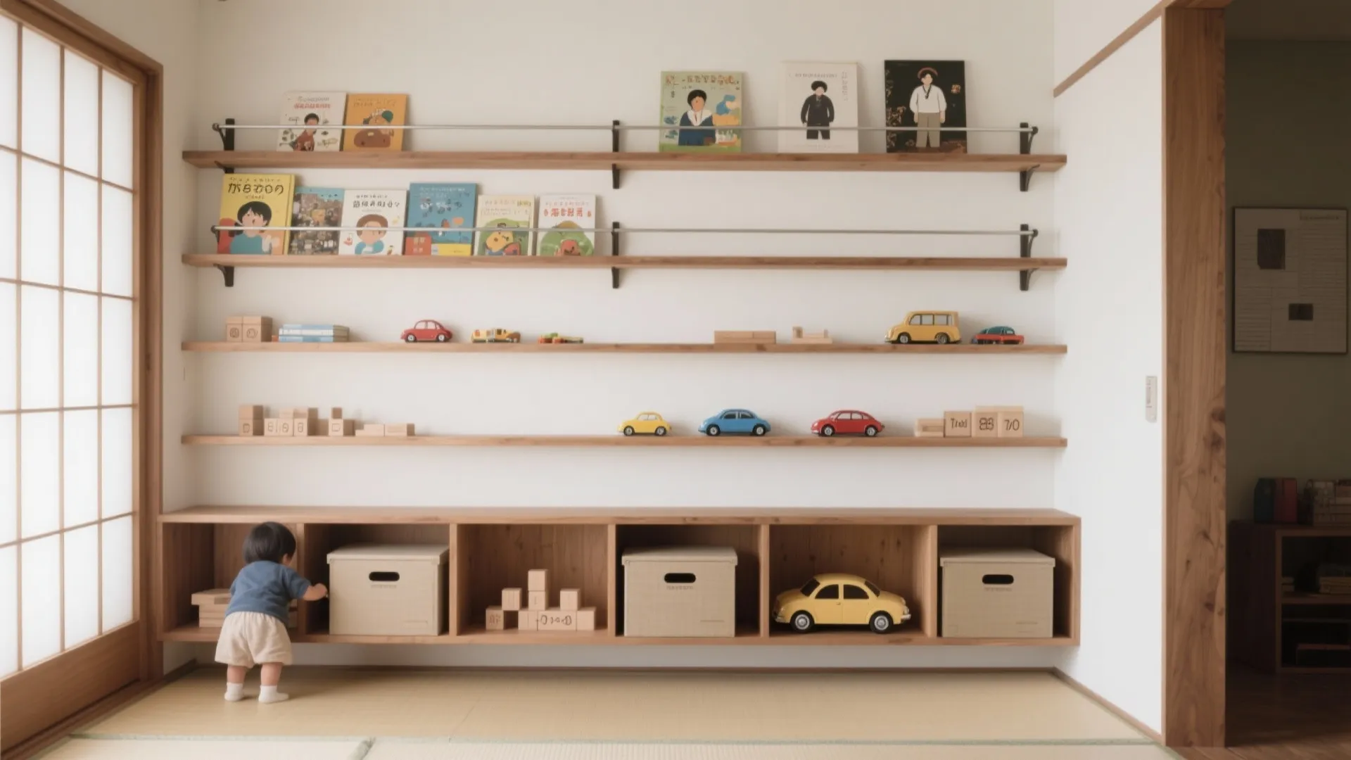 Tips 3: 壁面に“見える収納＋隠す収納”を段差配置（収納技巧）