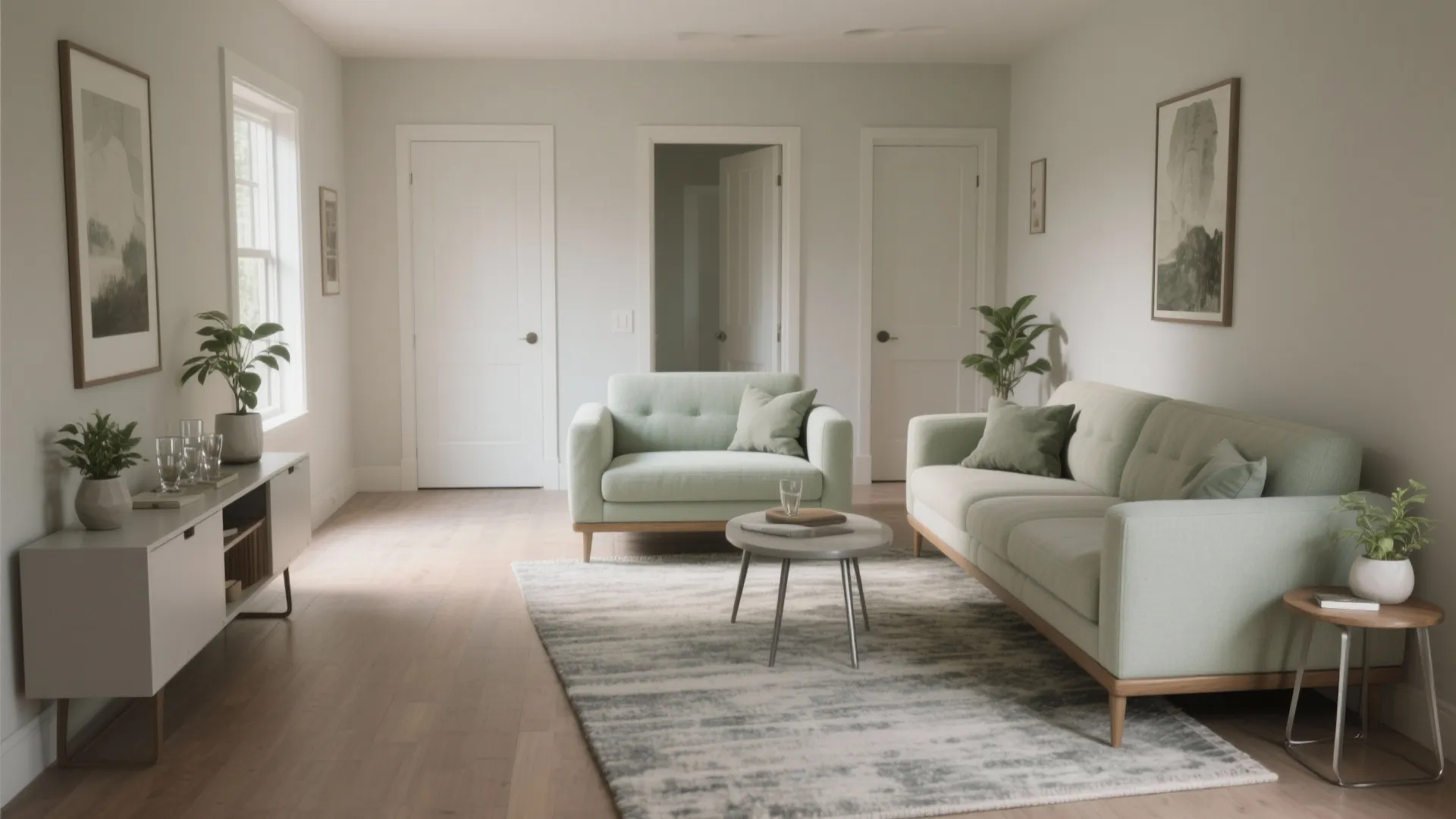 Staggered loveseats create a clear walkway with a slim console behind one seat.