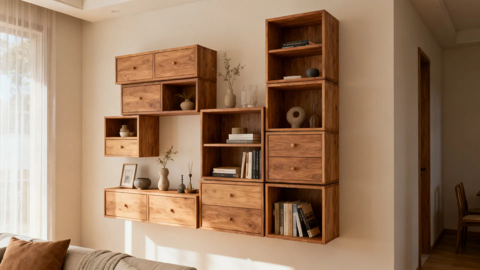 Compact solid wood shelving with staggered heights displaying decor and books