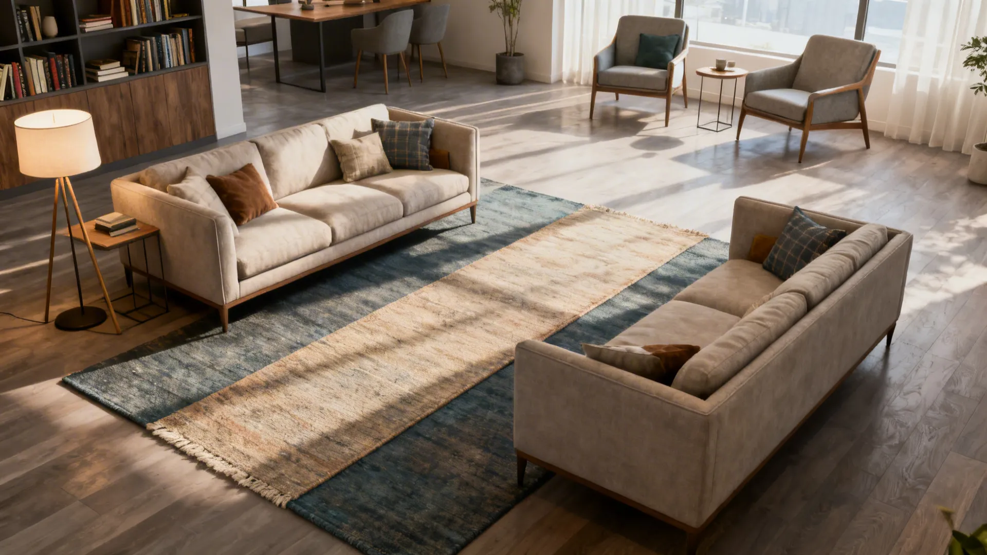 Open-plan living room with two sofas staggered to create separate zones like a reading nook and conversation area.