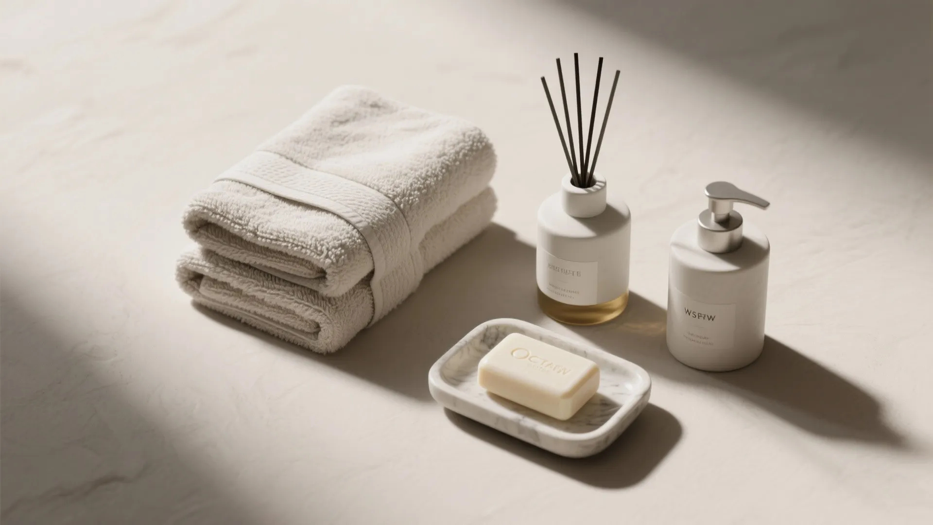 White folded towels soap on marble tray and reed diffuser set on a neutral surface