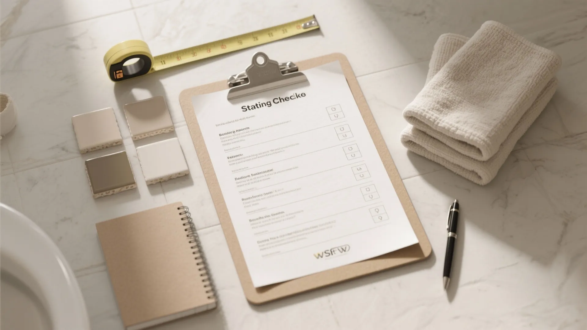 Staging checklist on clipboard with measuring tape pen tiles and towels on a marble floor surface