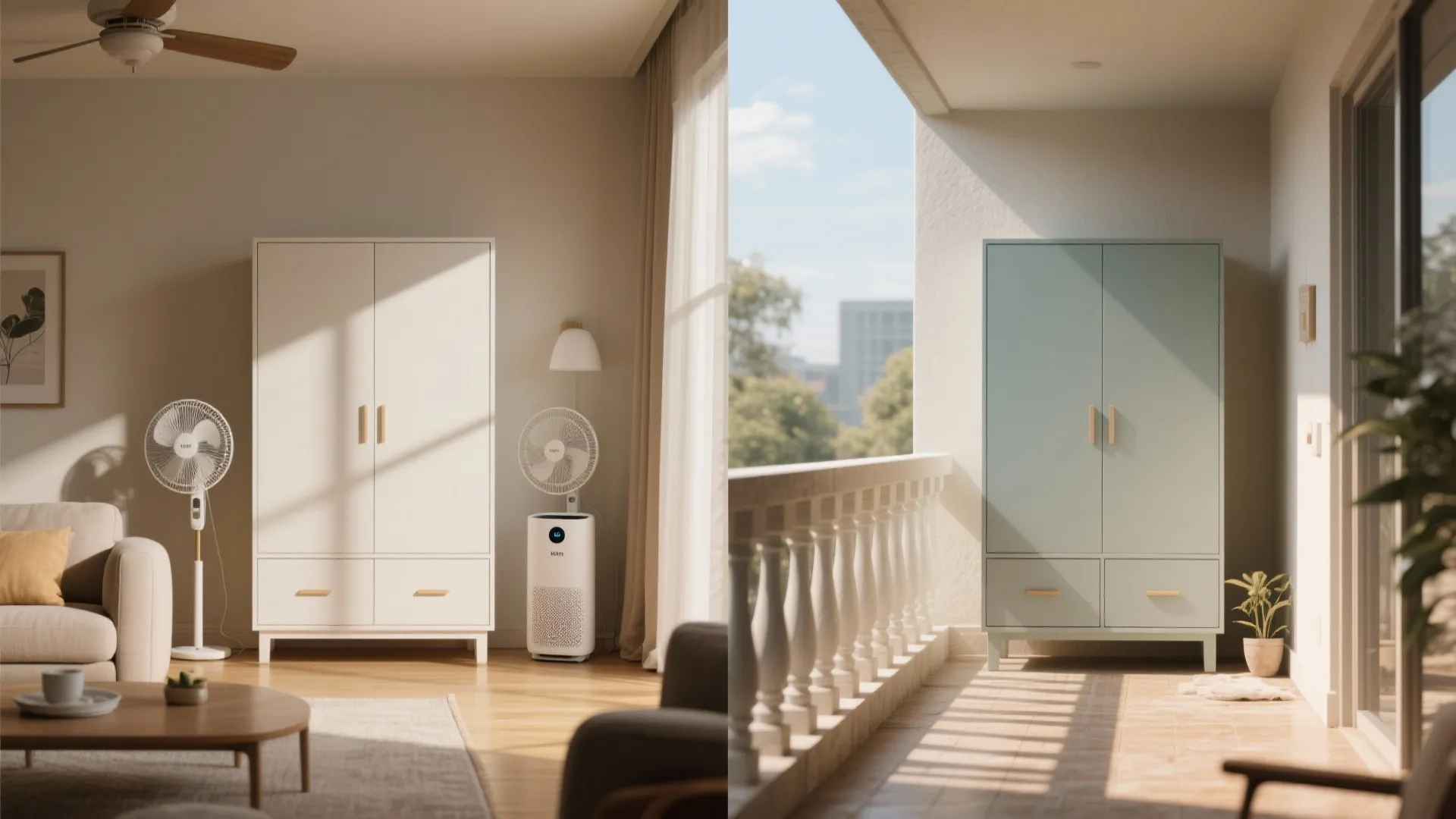 Side by side view of indoor room and sunny balcony with white and green cabinets