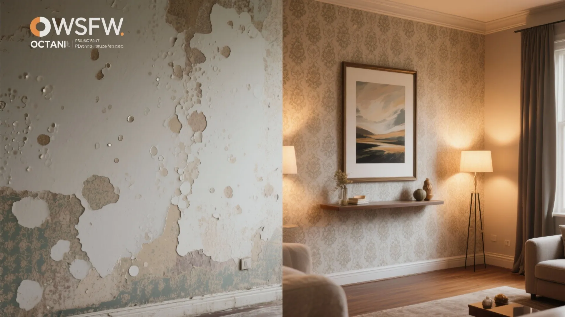 Before and after comparison showing damaged peeling wall next to a beautifully decorated living room