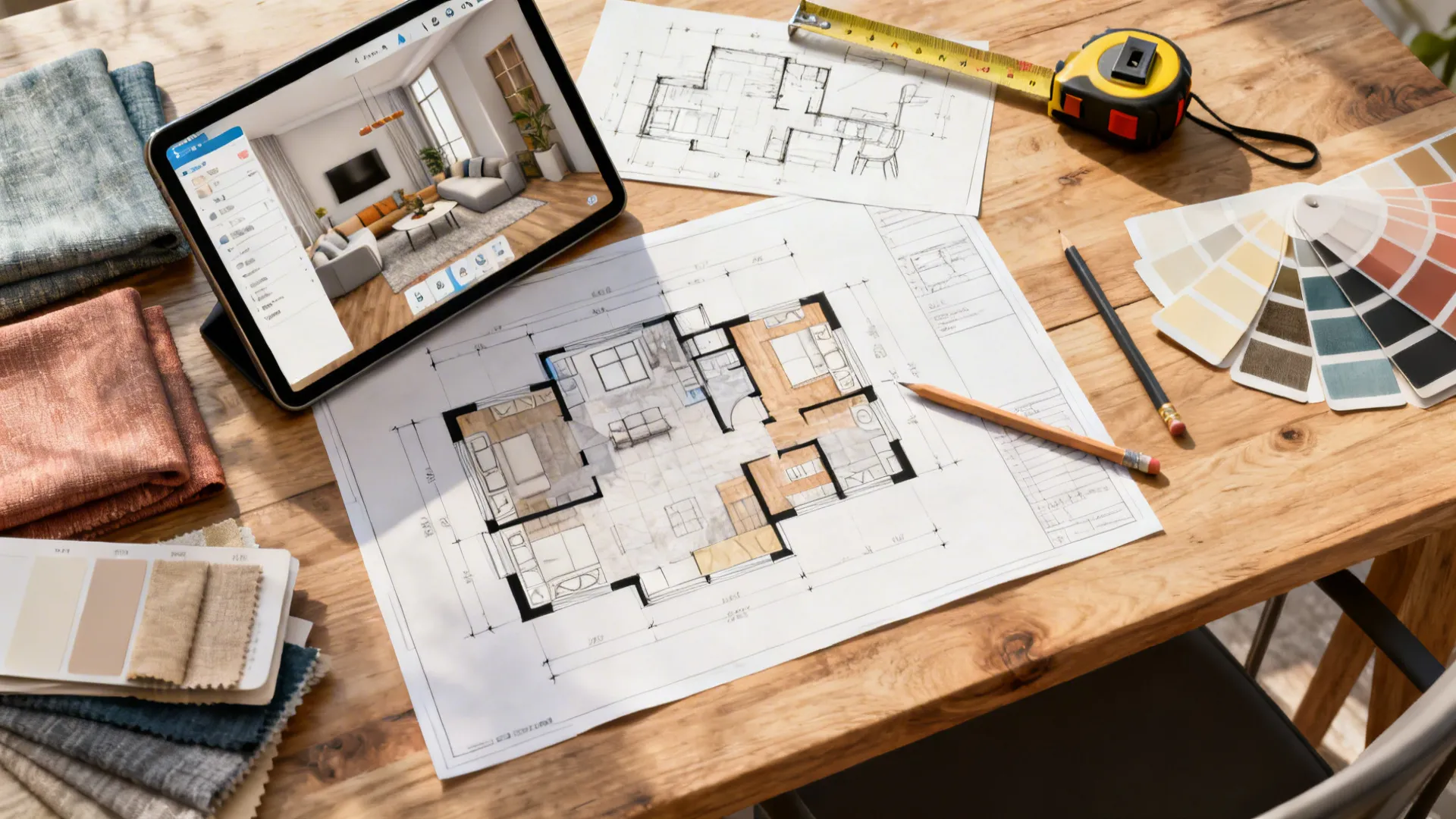Top-down view of staging planning tools: floor plan, tablet with 3D planner, and swatches