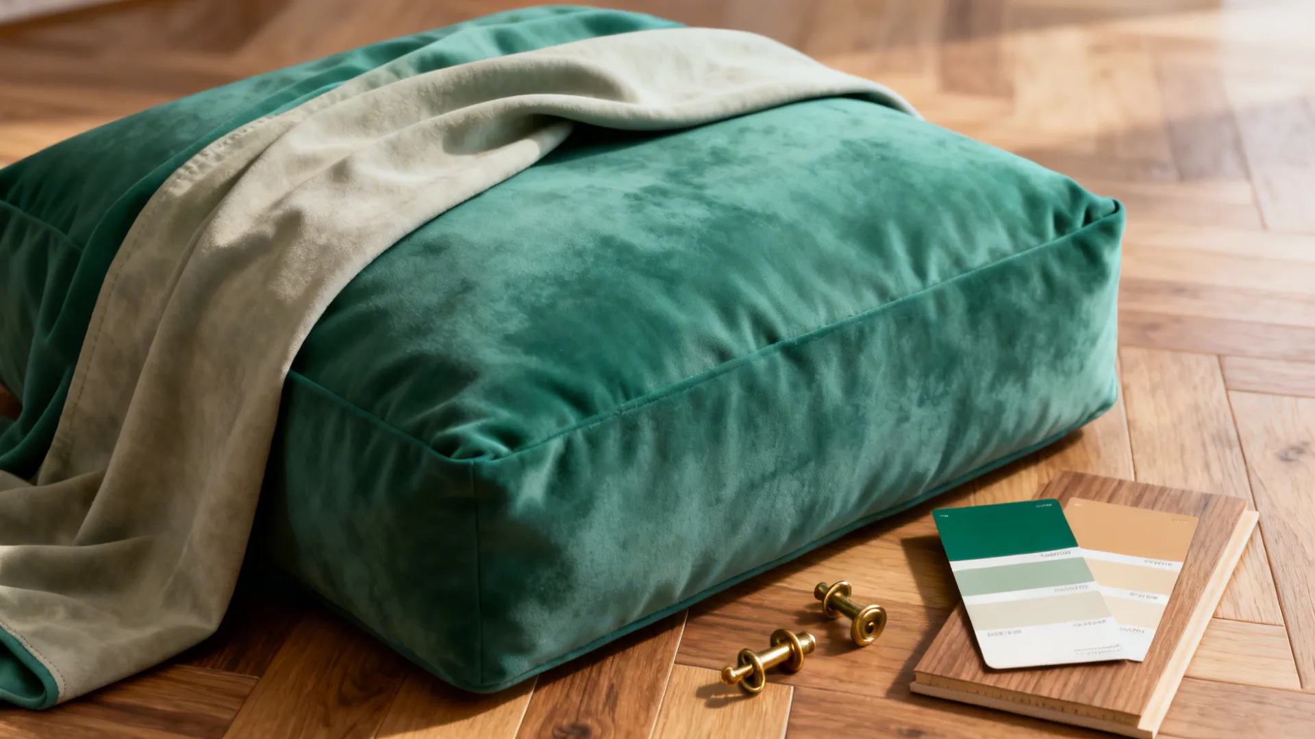 Staging samples including slipcover, paint swatches, brass hardware and wood floor sample for emerald styling.