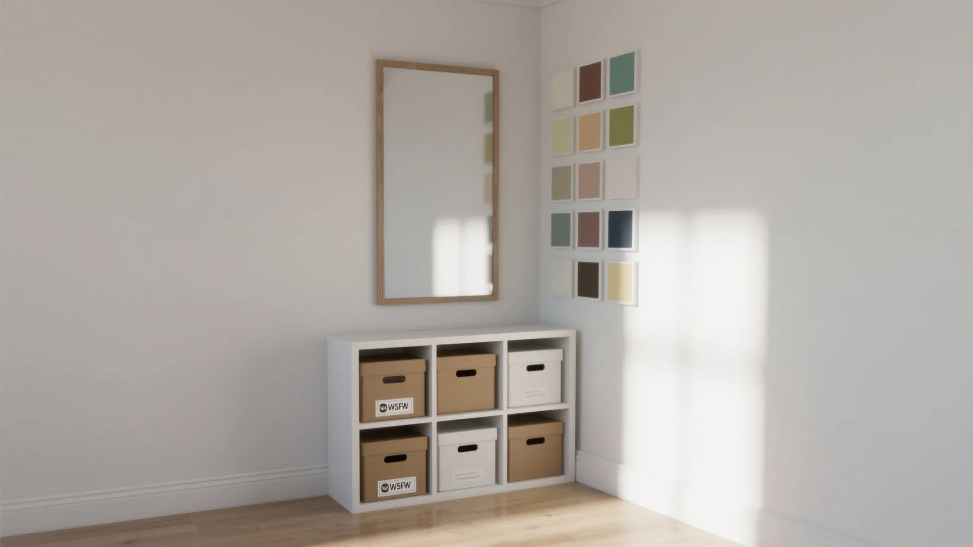 Staged decluttered corner with mirror and modular shelving to highlight light and space