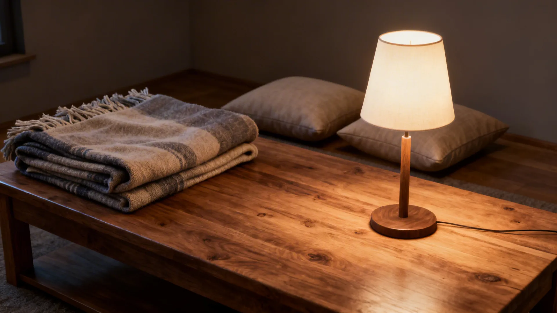 Wooden coffee table holding a folded blanket and small lamp with two pillows on floor
