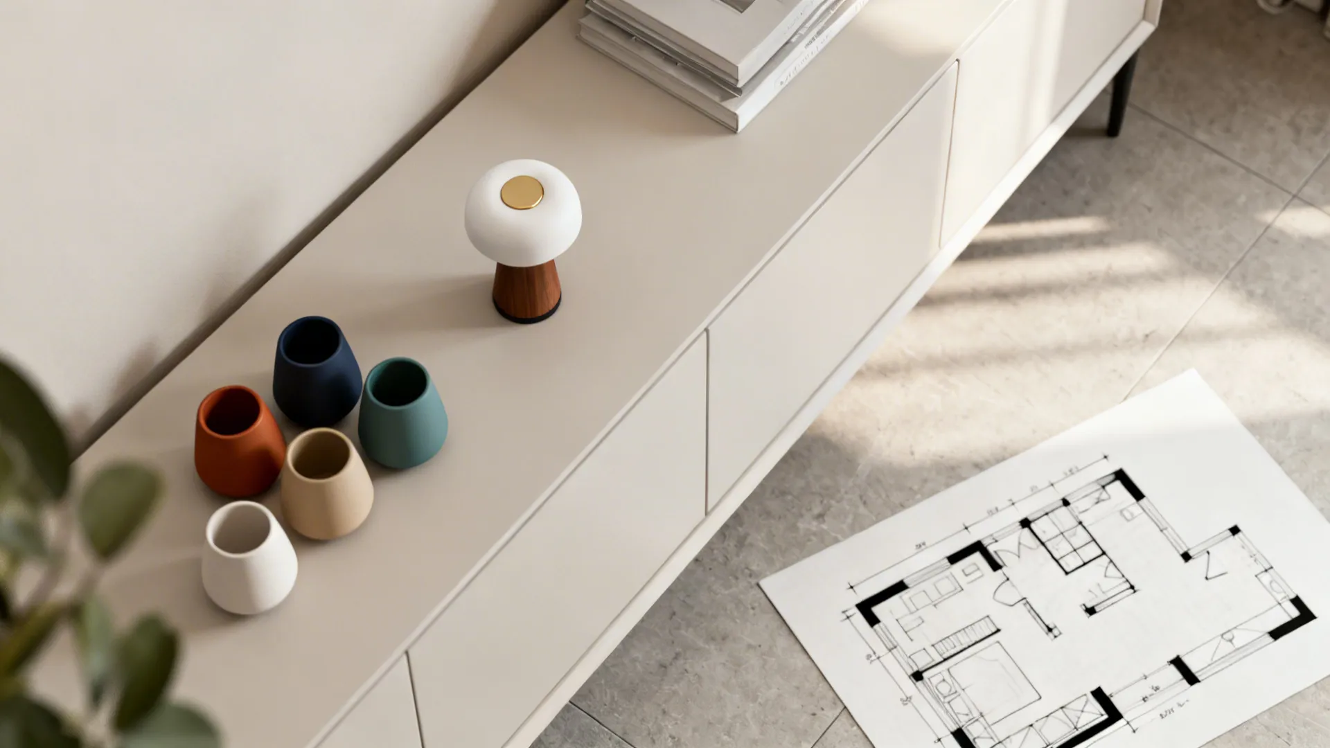 Top-down view of staging tips: grouped accessories by color and a room planner sketch