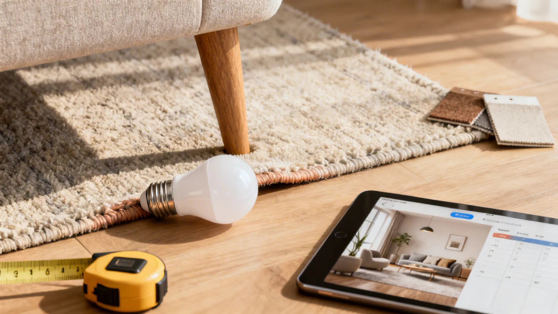 Close-up of staging tools: smart bulb, measuring tape and tablet with layout app