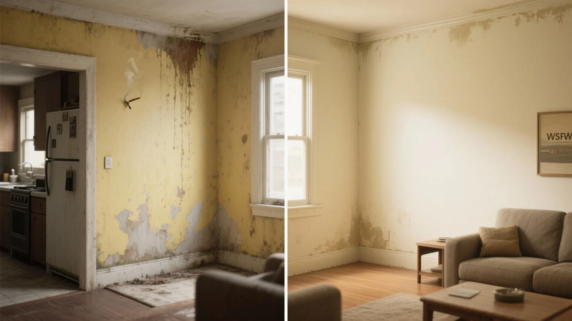 Before and after comparison of a damaged yellow wall transformed into a clean white room