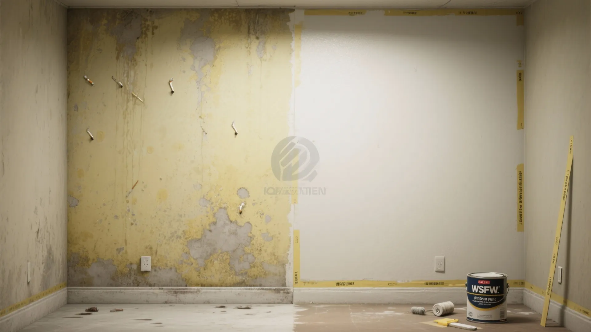 Before and after comparison showing a dirty moldy yellow wall versus a clean white painted wall