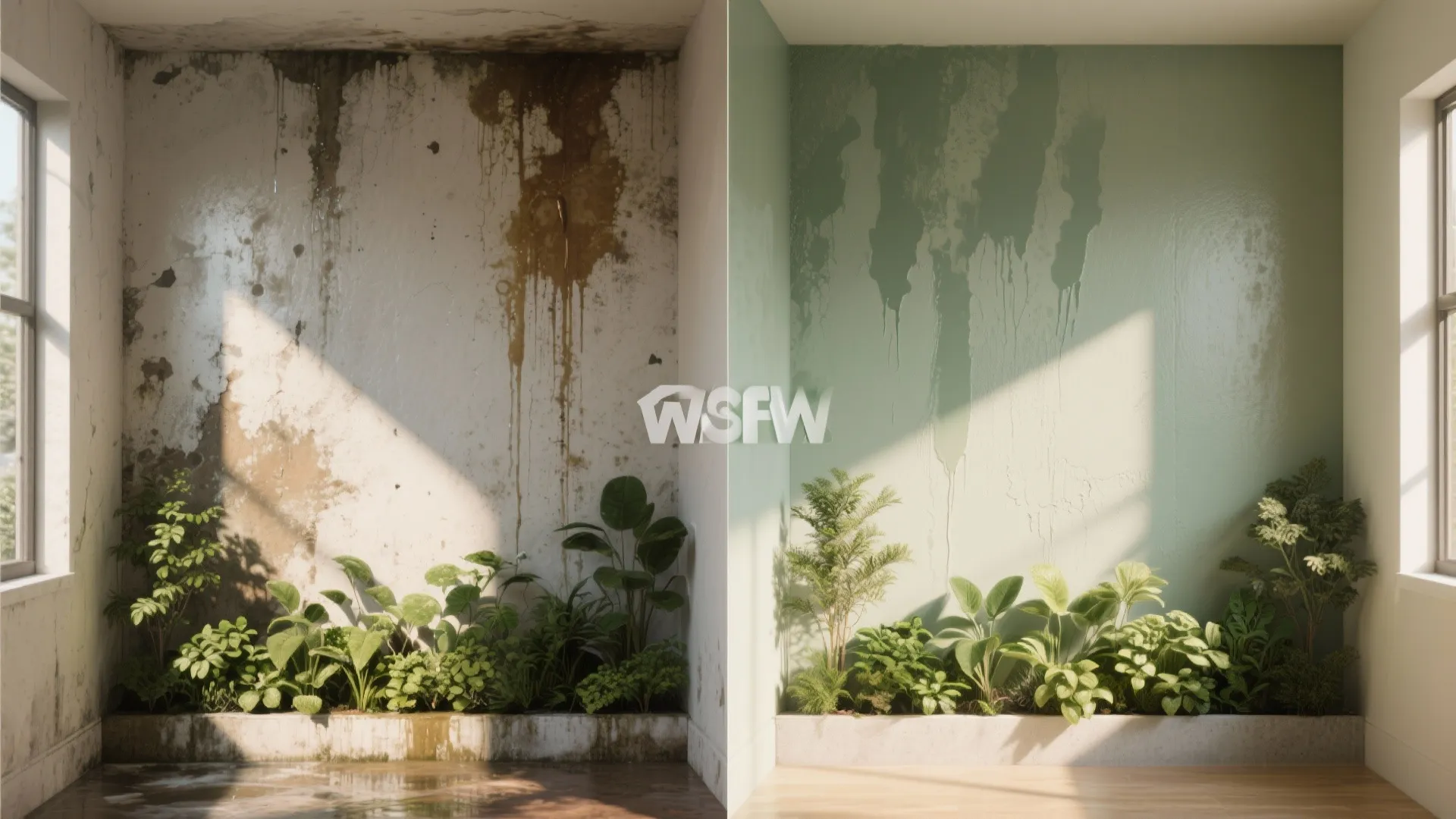 Side-by-side before and after of a stained wall and the same wall sealed with primer and repainted.