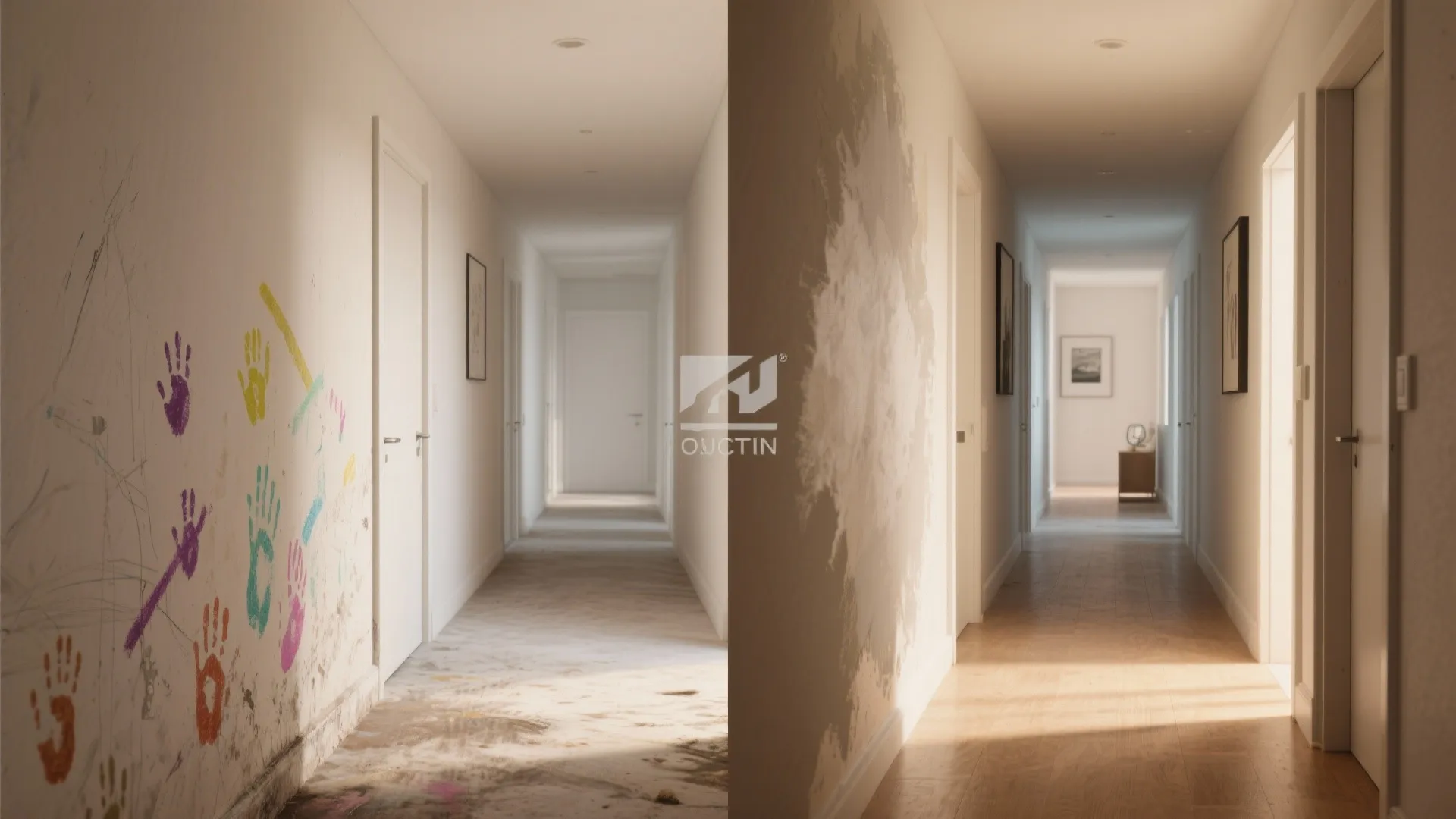 Before and after comparison of a matte-painted hallway showing stain removal and restored uniform finish.