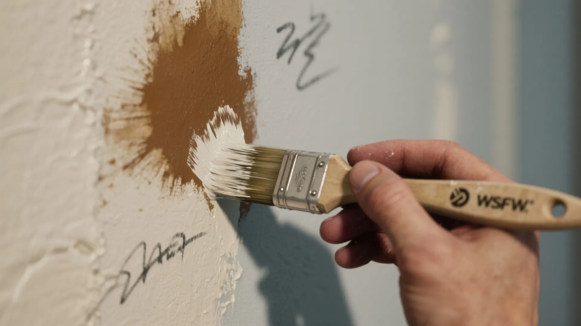 Person using a brush to cover a brown wall stain with white paint during home renovation