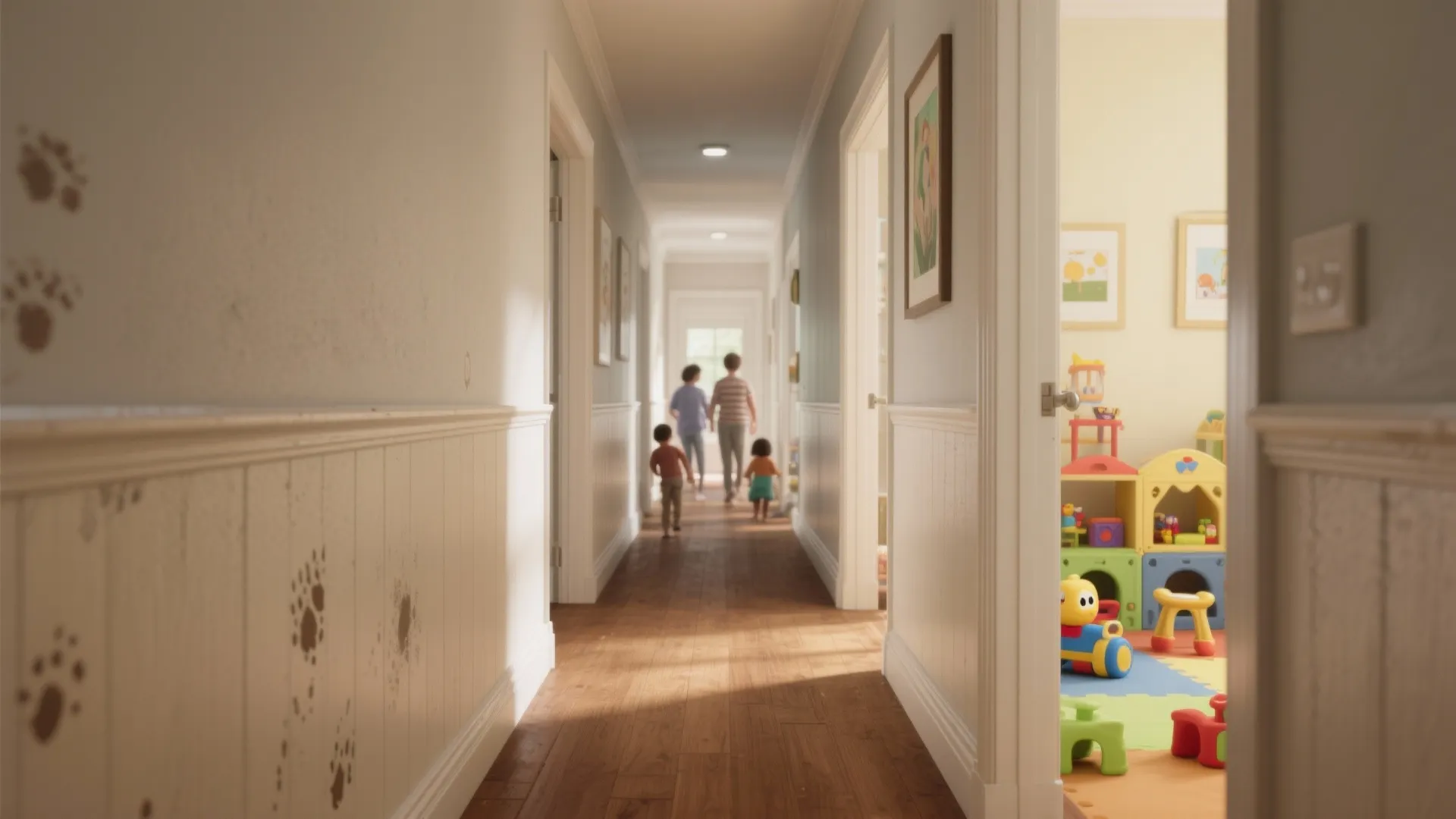Long home hallway with dirty wall panel prints leading to a bright family playroom area