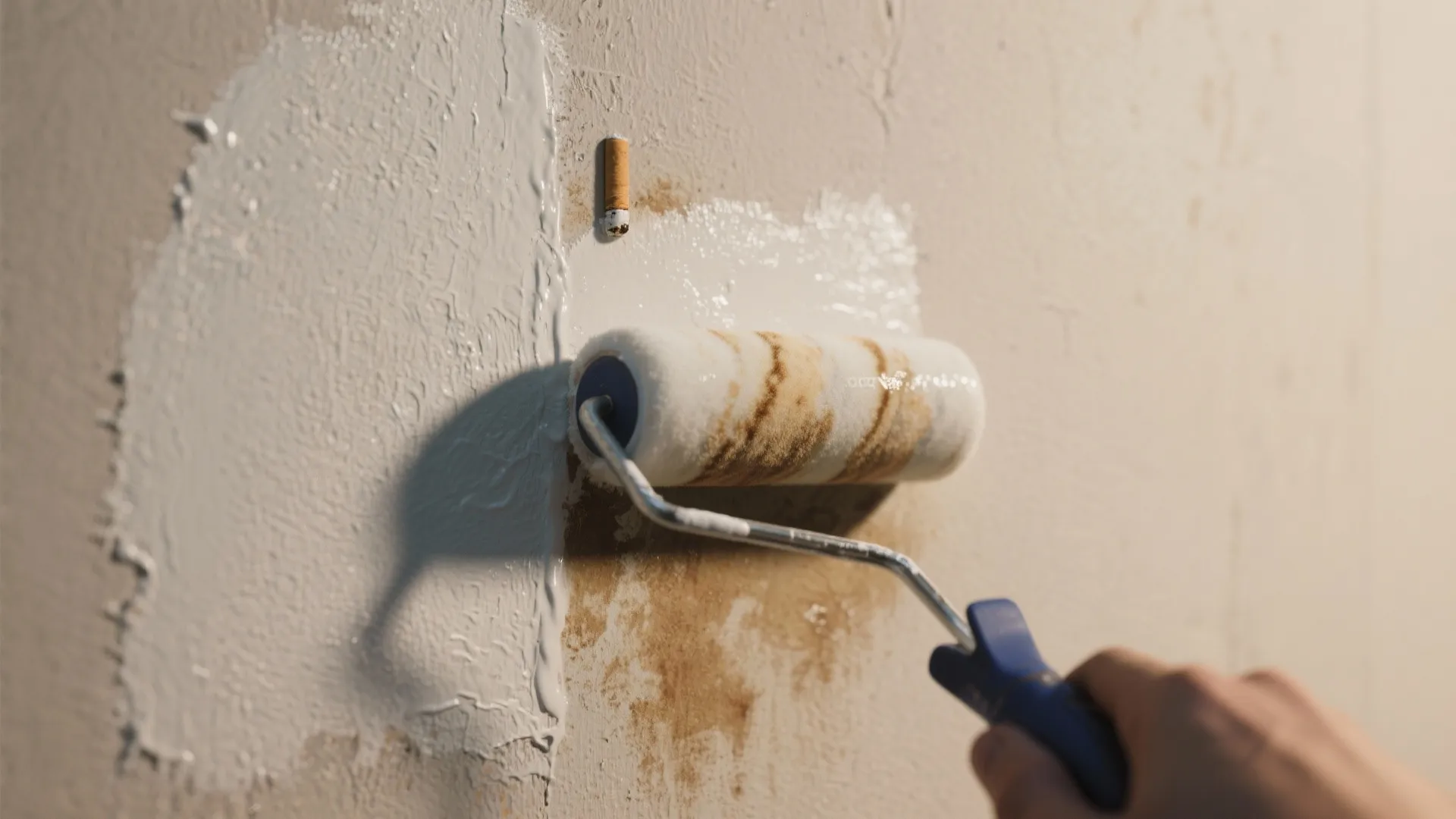 Person uses paint roller to cover brown wall stains with white paint in home interior