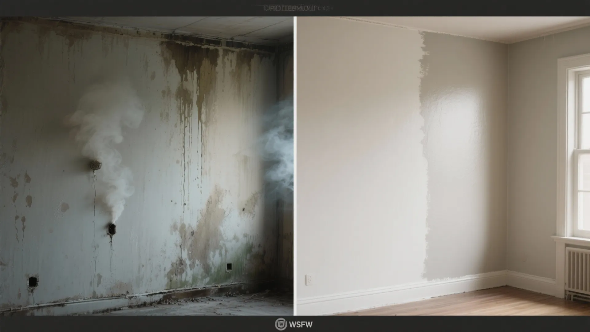 Before-and-after comparison of a stained wall and the same wall sealed with stain-blocking primer.