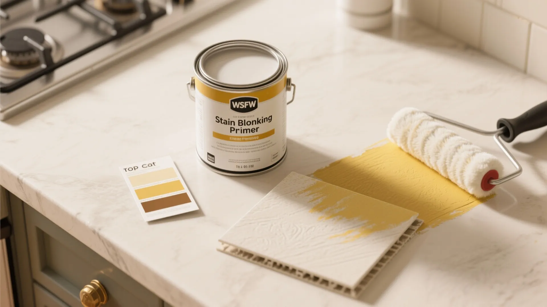 Primer can paint roller with yellow paint and color swatch on white marble counter surface