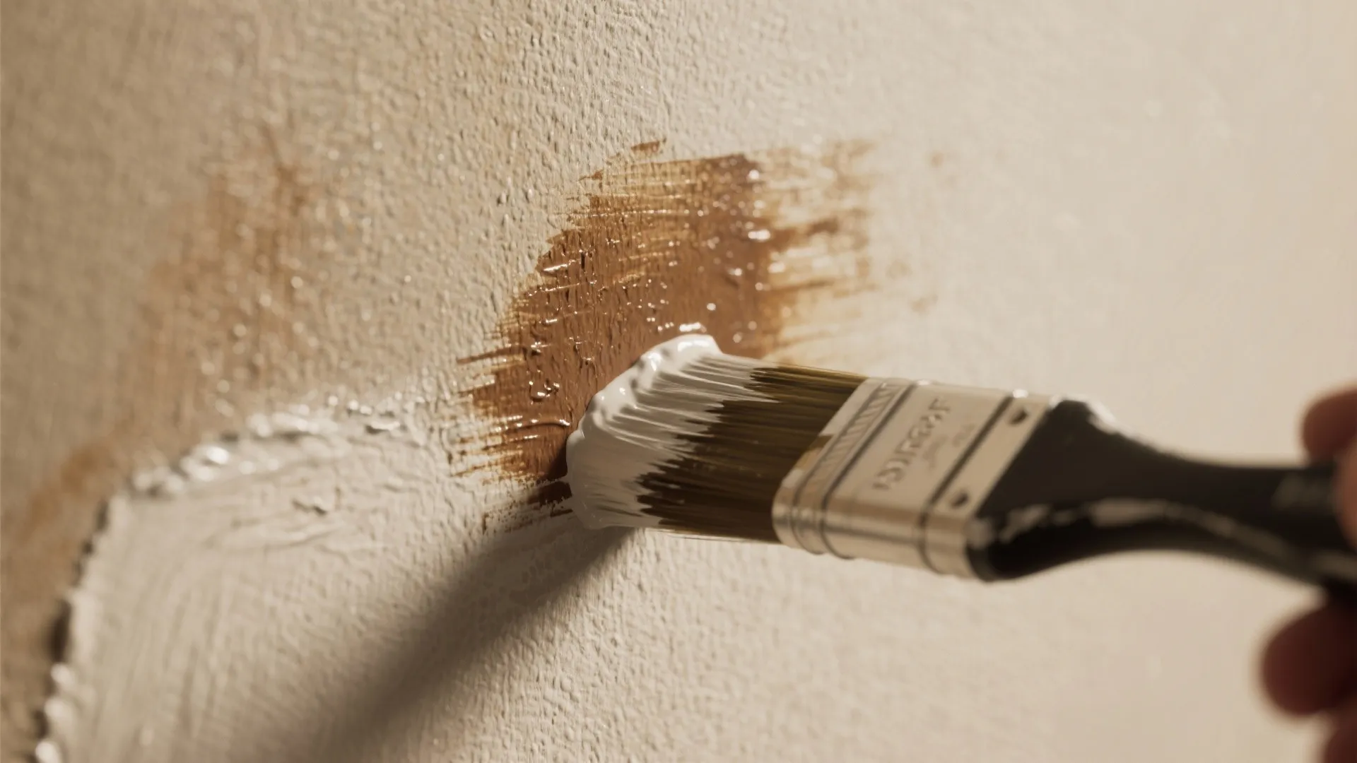 Close up of person using paint brush to apply white paint over a brown stain