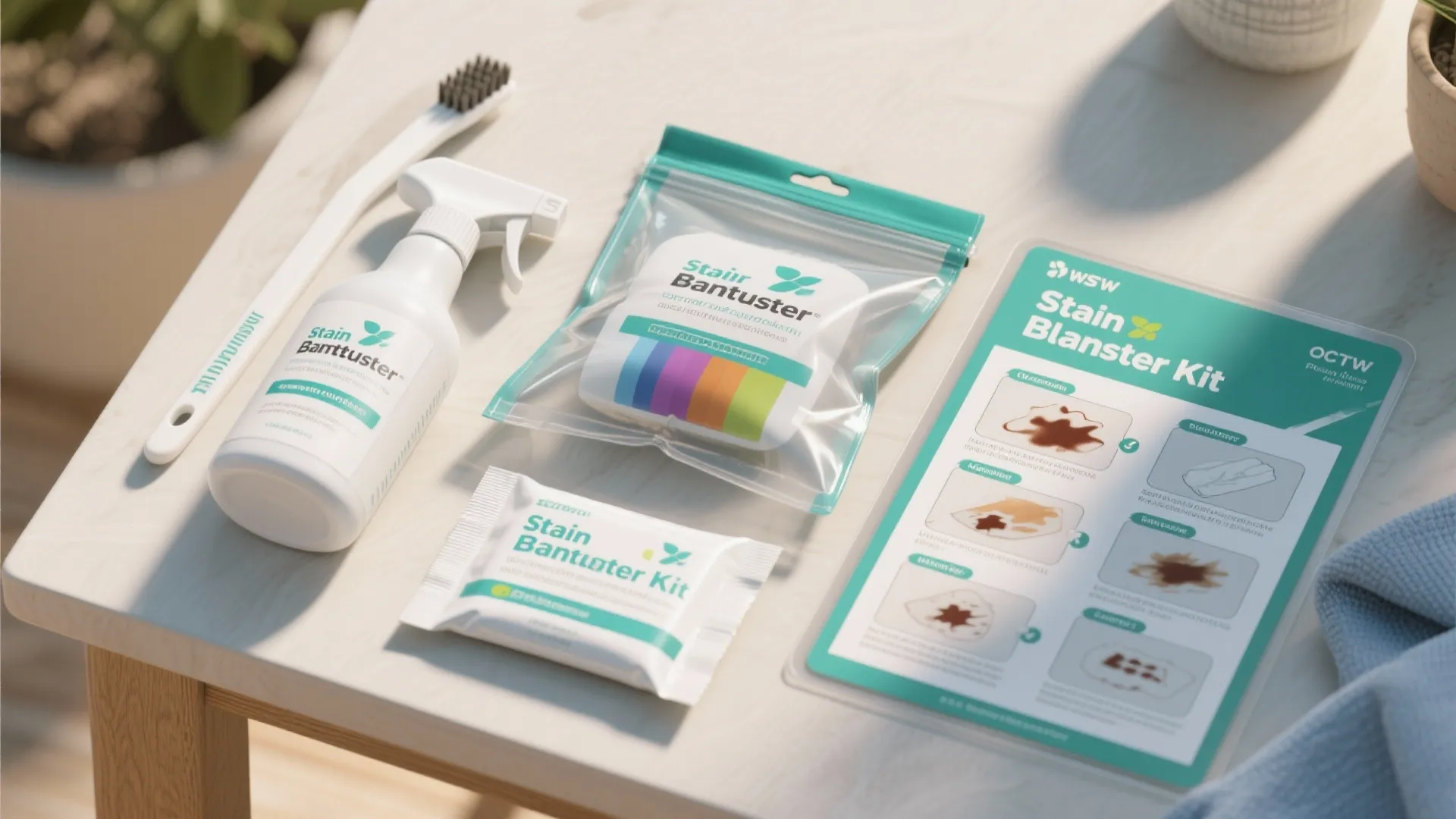 Stain removal kit including a spray bottle and instruction sheet on a light wooden table top