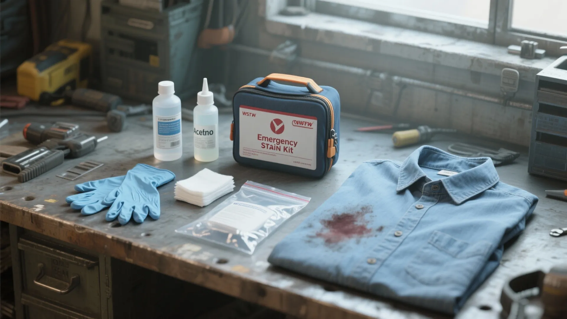 Emergency stain kit with alcohol, acetone, gloves and cotton pads arranged on a workbench