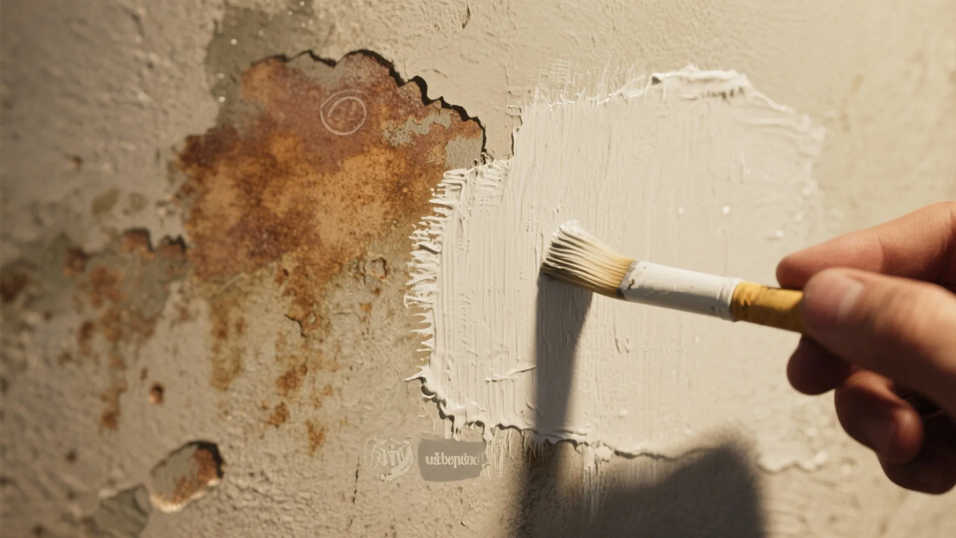 Person using a small brush to apply white paint over a damaged brown spot on wall
