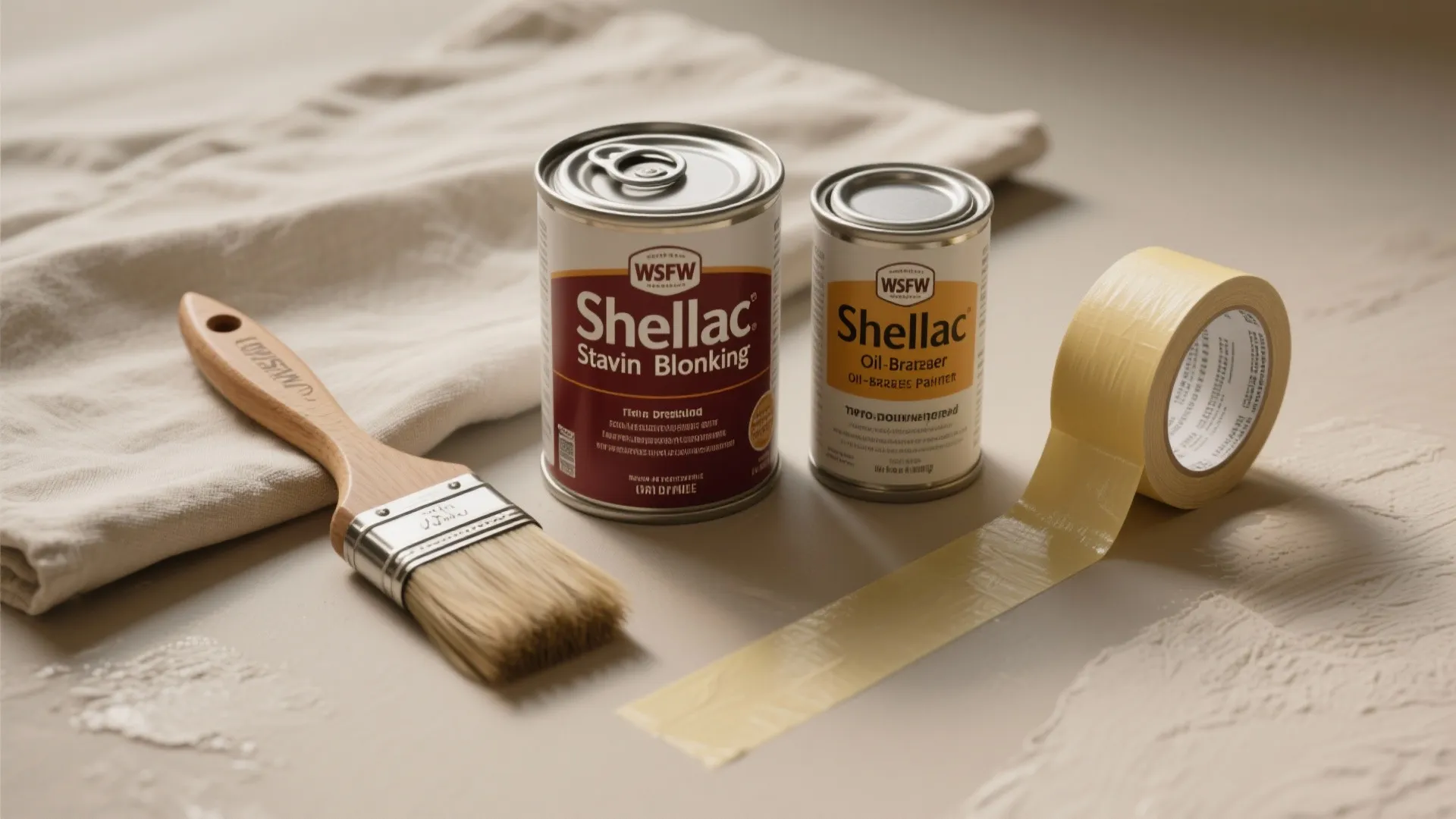 Two cans of shellac wood primer next to a wooden paint brush and masking tape